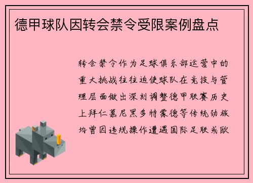 德甲球队因转会禁令受限案例盘点